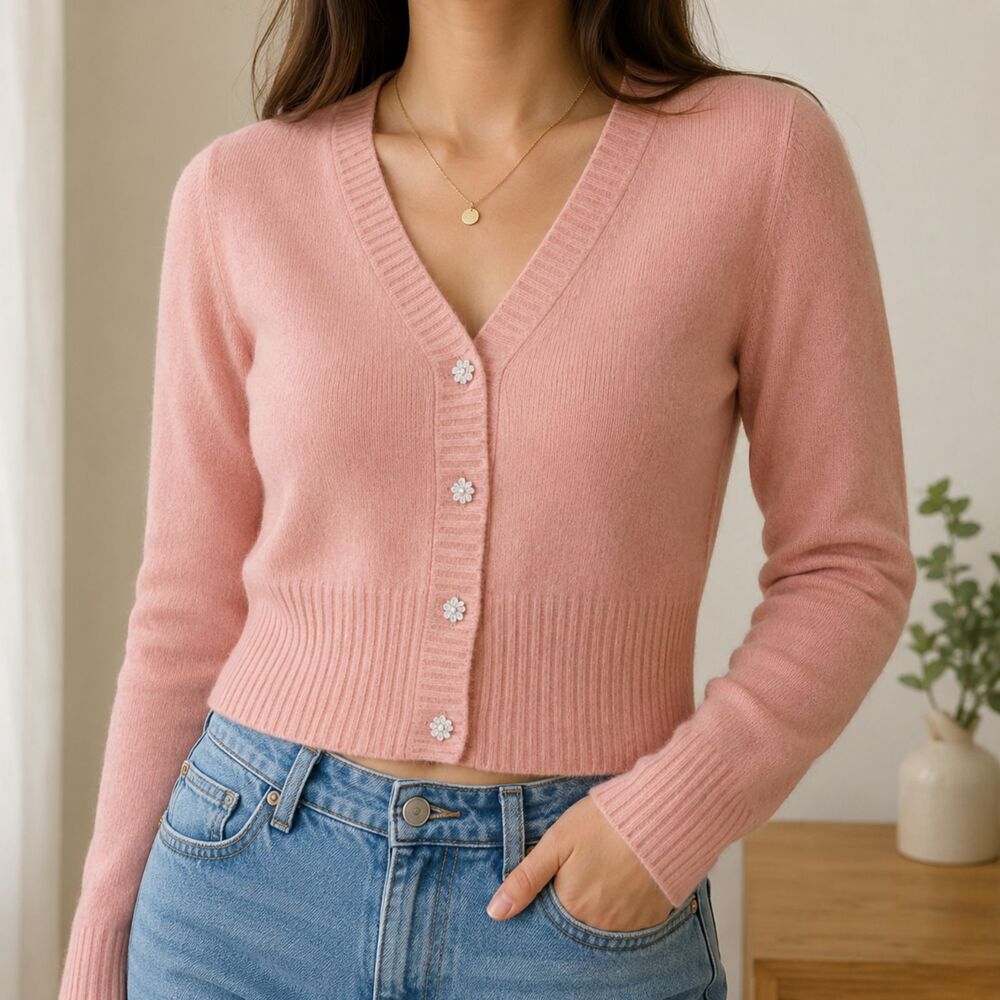 Rosanna Cardigan Sweater Womens PM Pink Lambswool Angora Floral Rhinestone